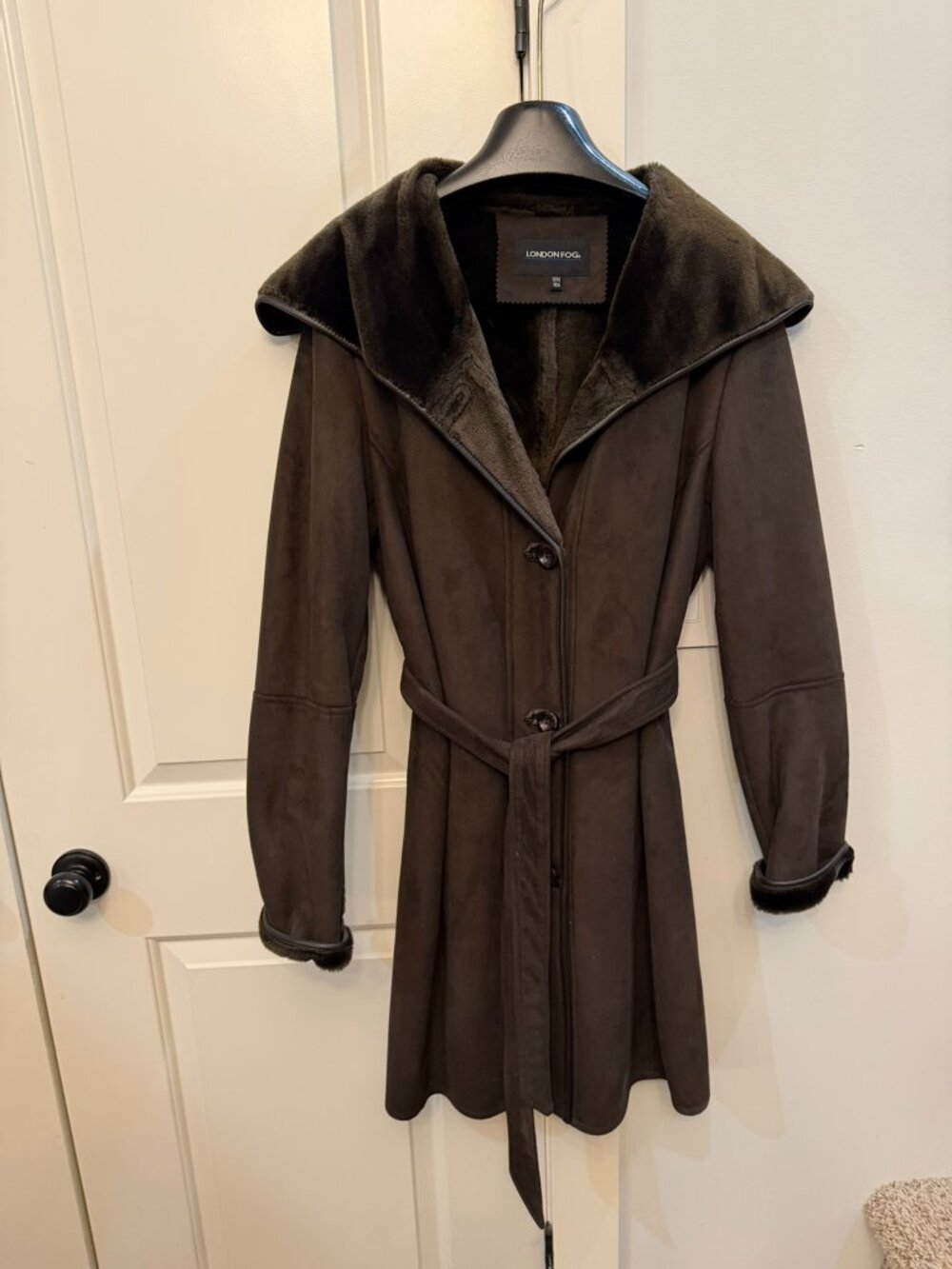 London Fog Brown Faux Suede Belted Coat with Plush Faux Fur Collar | Size Medium